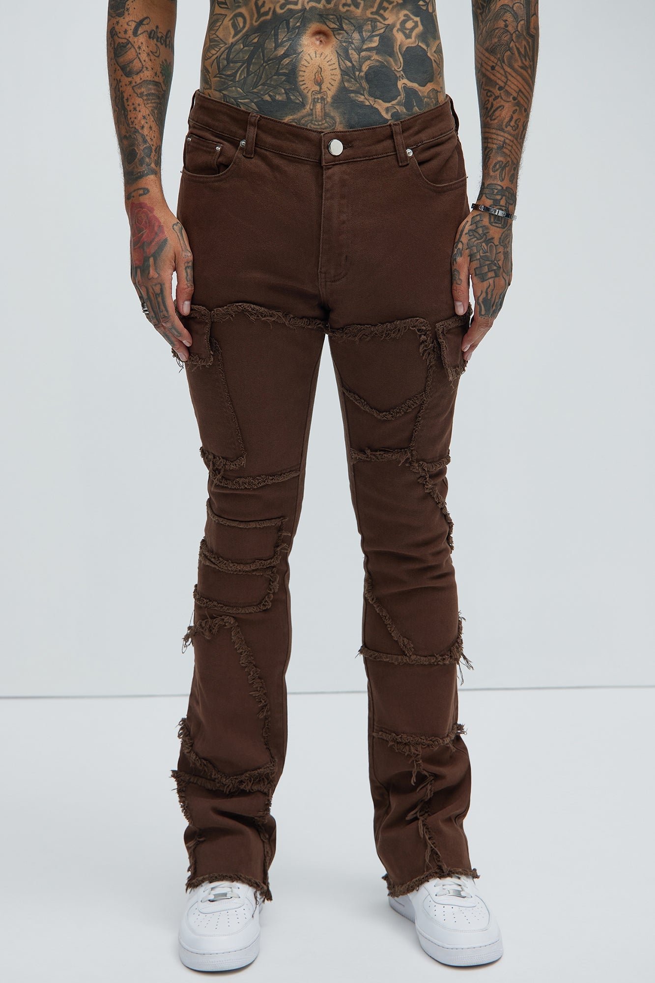 Trapping Frayed Stacked Skinny Flare Pants - Chocolate