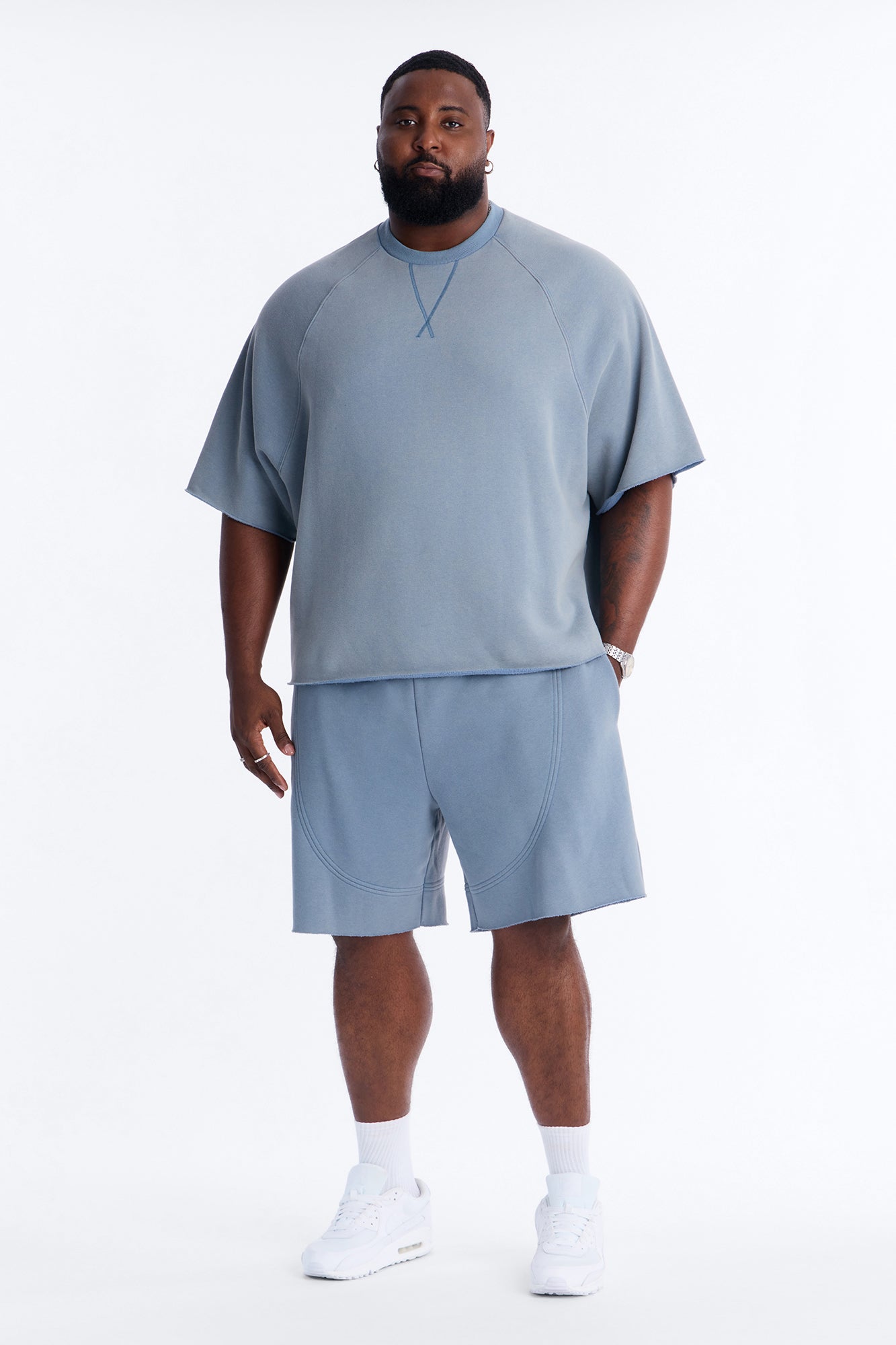 Washed Raw Edge Oversized Tee - Slate Blue