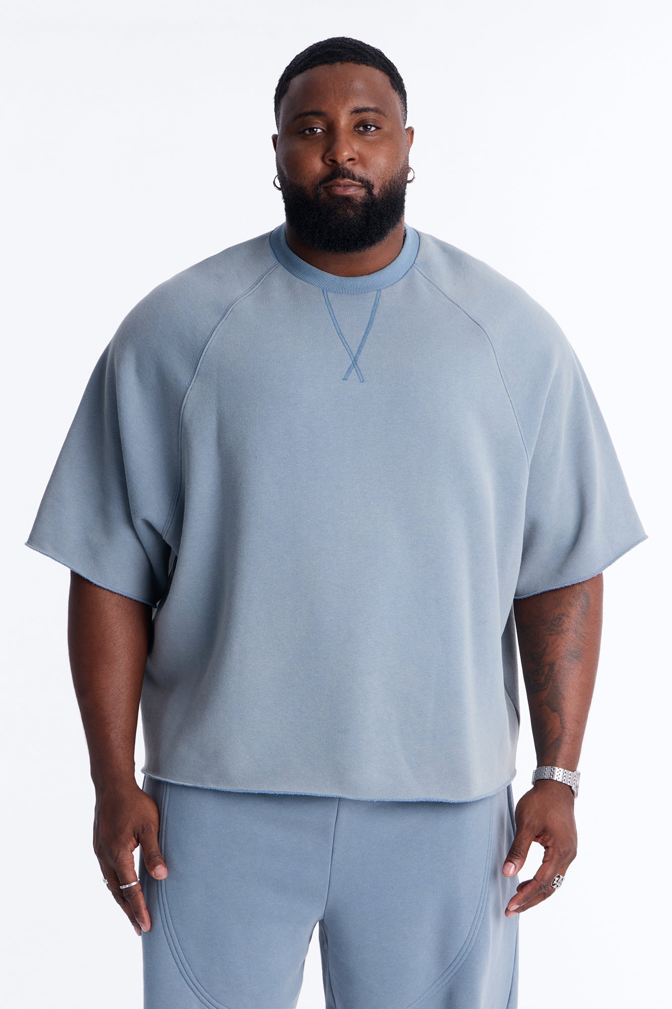 Washed Raw Edge Oversized Tee - Slate Blue
