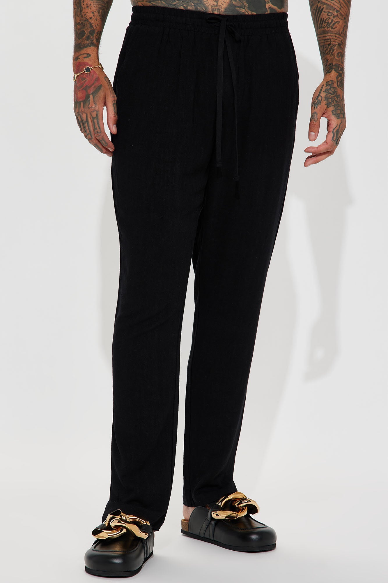Solid Textured Linen Pull On Side Slit Pants - Black