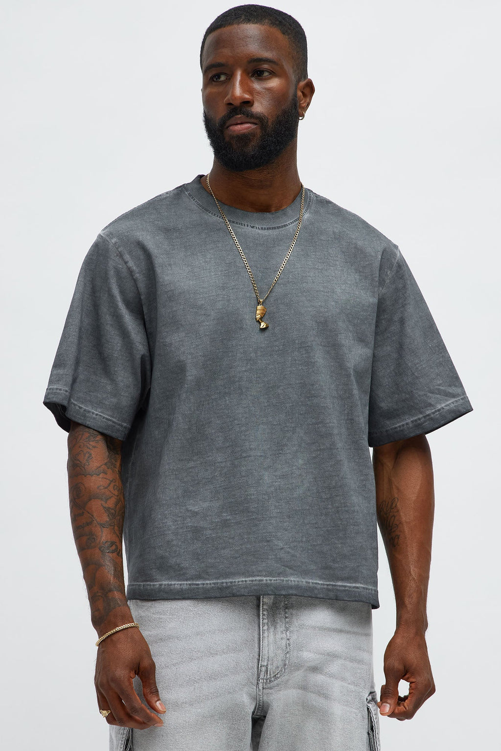 Tinted Wash Boxy Cropped Heavyweight Short Sleeve Tee - Grey