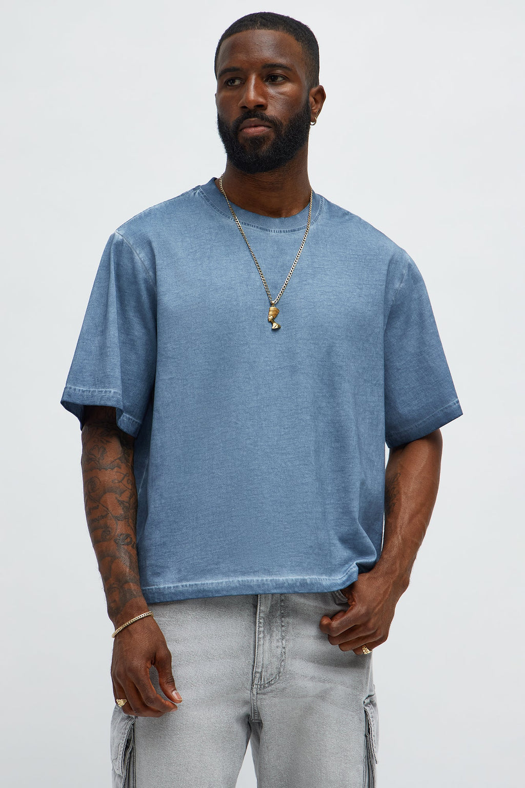 Tinted Wash Boxy Cropped Heavyweight Short Sleeve Tee - Blue