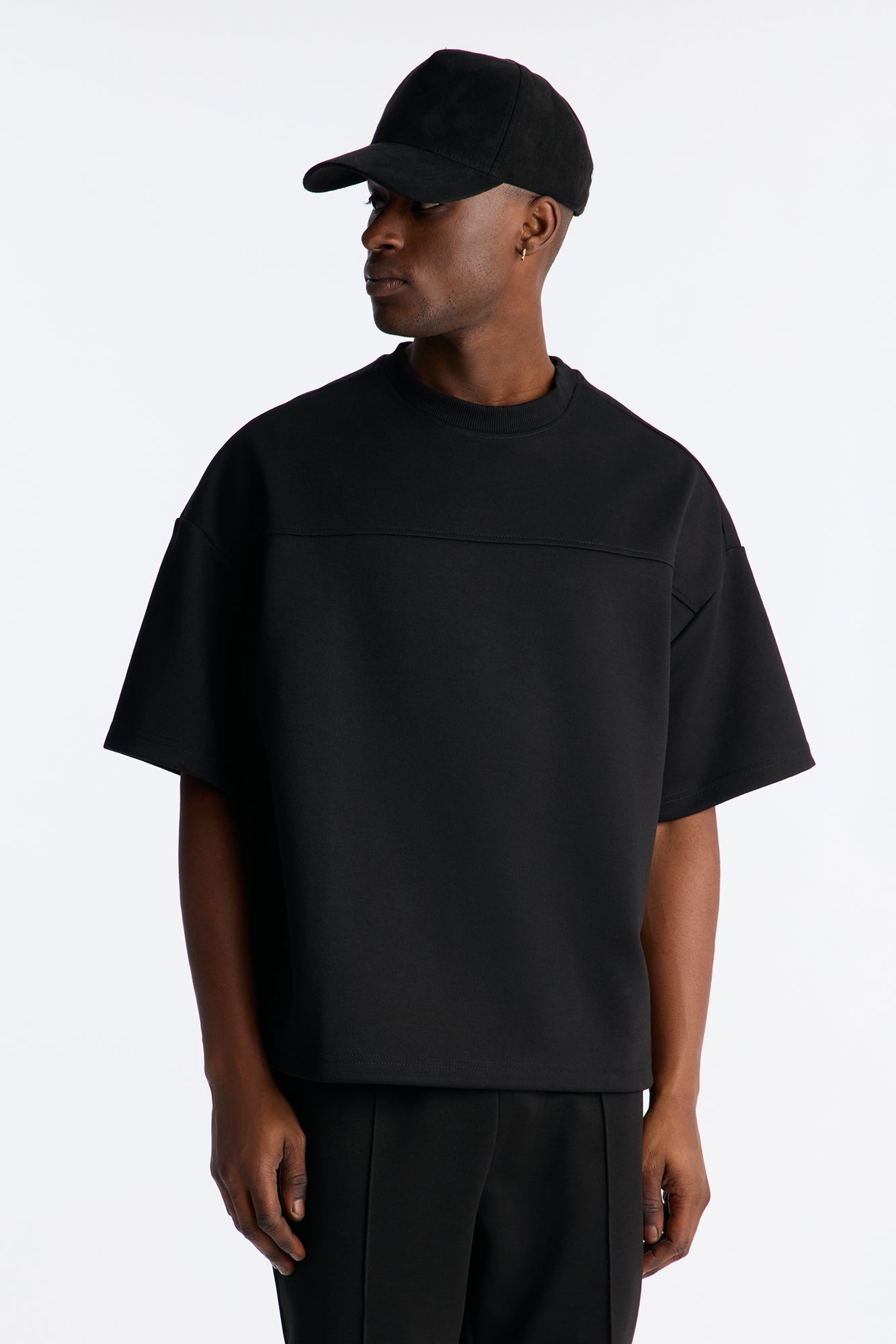 Structured Fleece Paneled Tee - Black